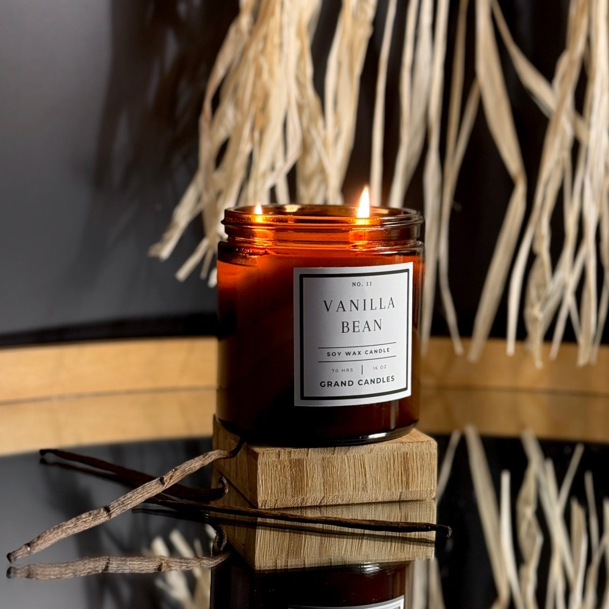 Vanilla Bean Soy Candle in amber glass jar by Grand Candles