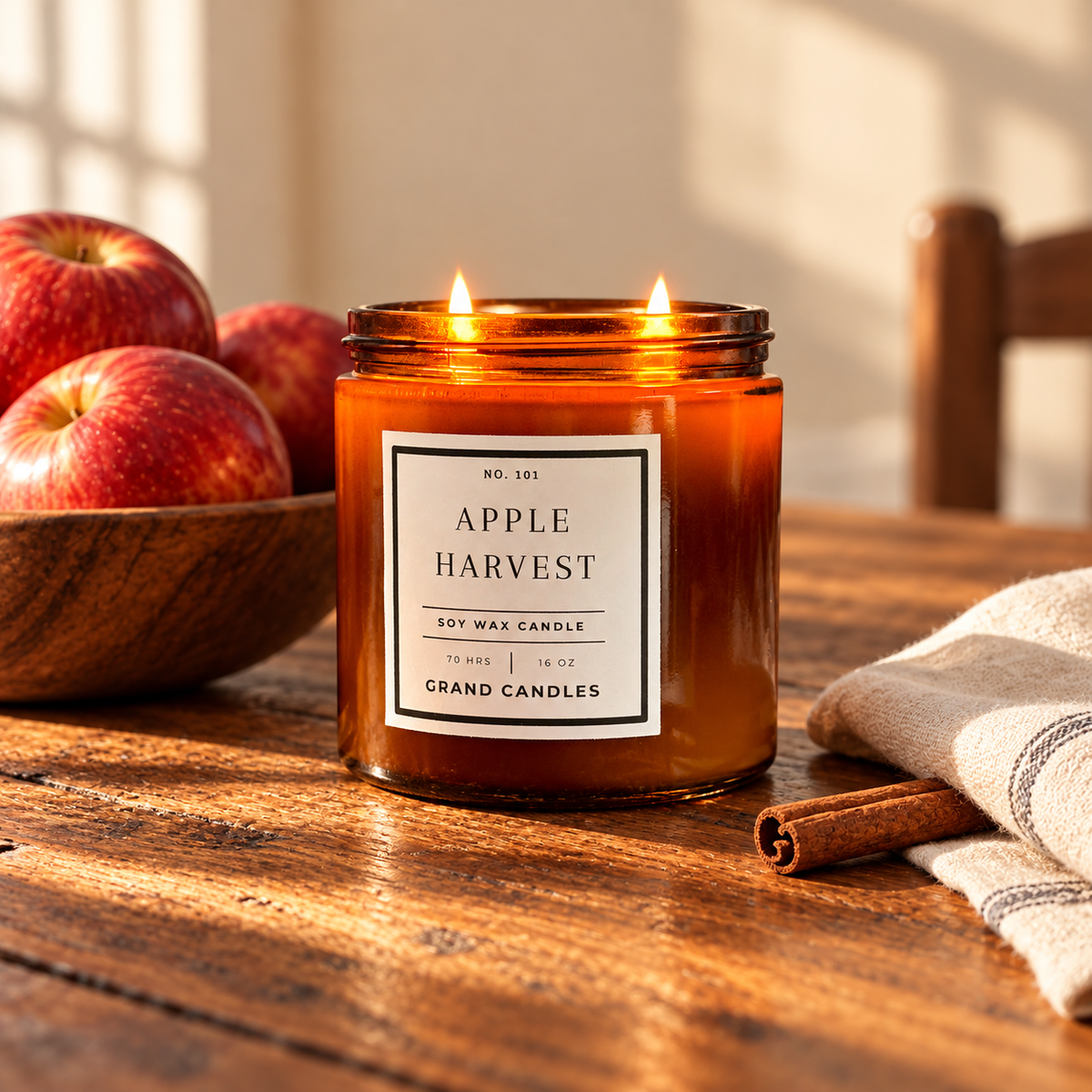 Apple Harvest 16 oz amber soy candle with two lit wicks on an oak kitchen table