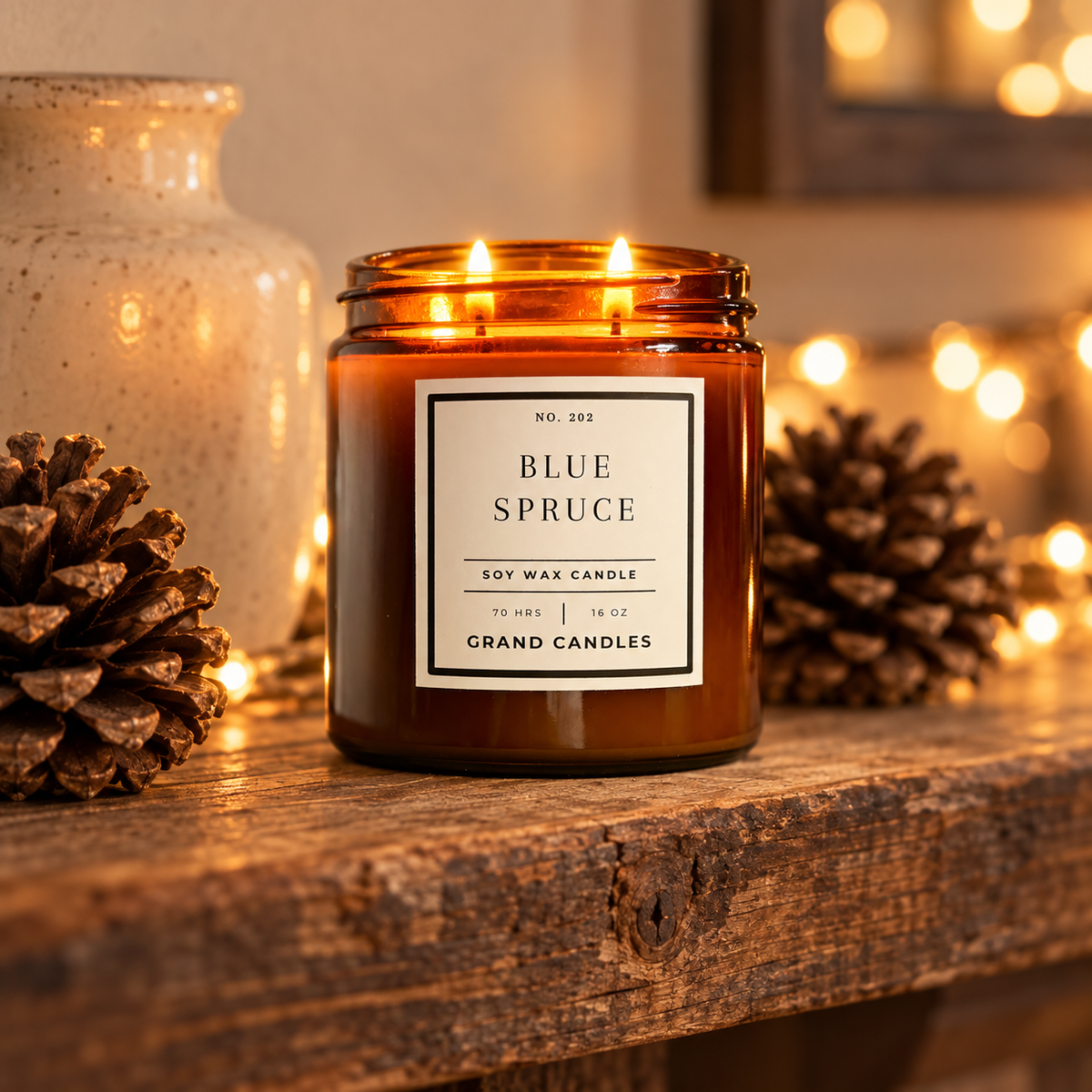 Grand Candles blue spruce candle 16 oz amber candle in a winter home setting