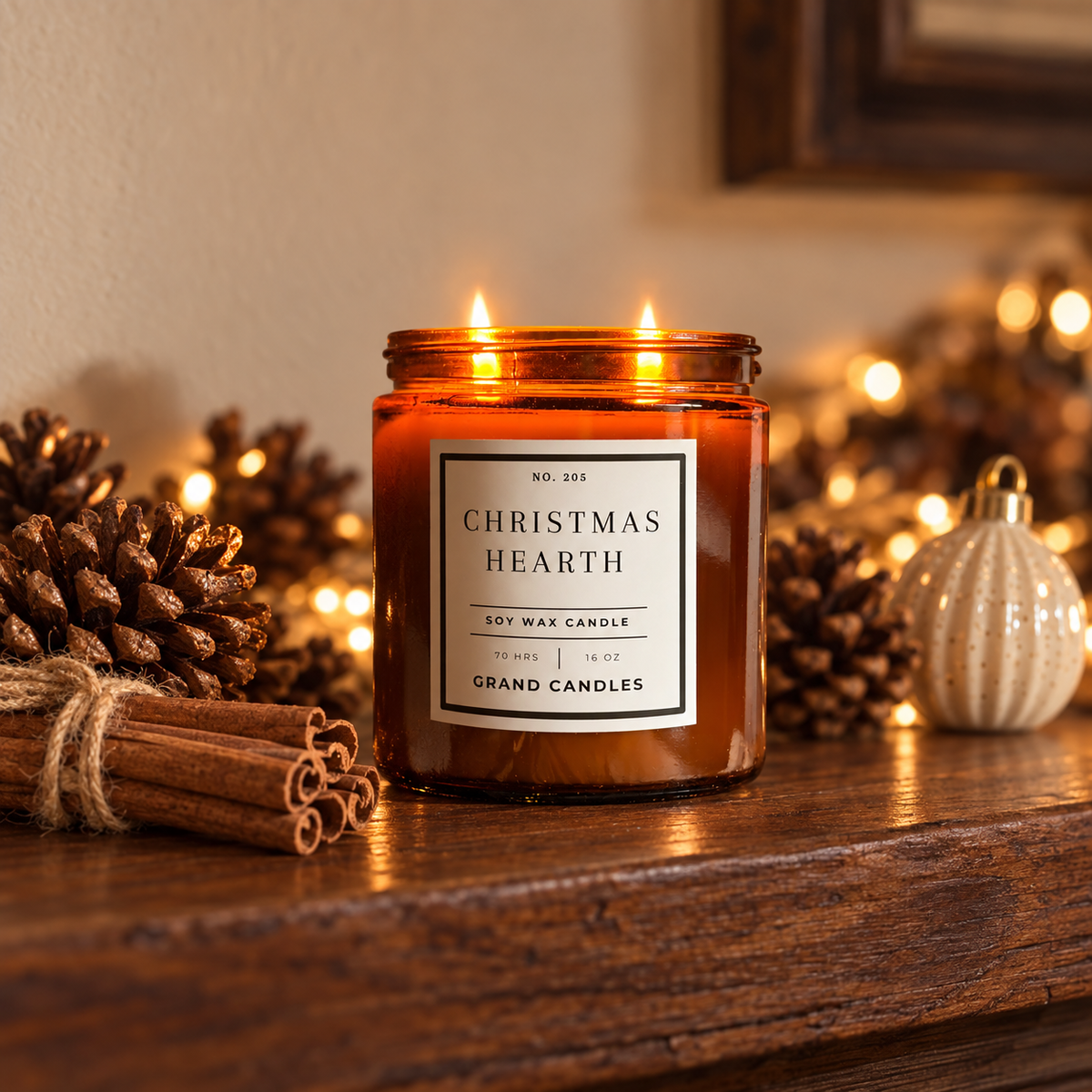 Grand Candles christmas hearth candle 16 oz amber candle in a winter home setting
