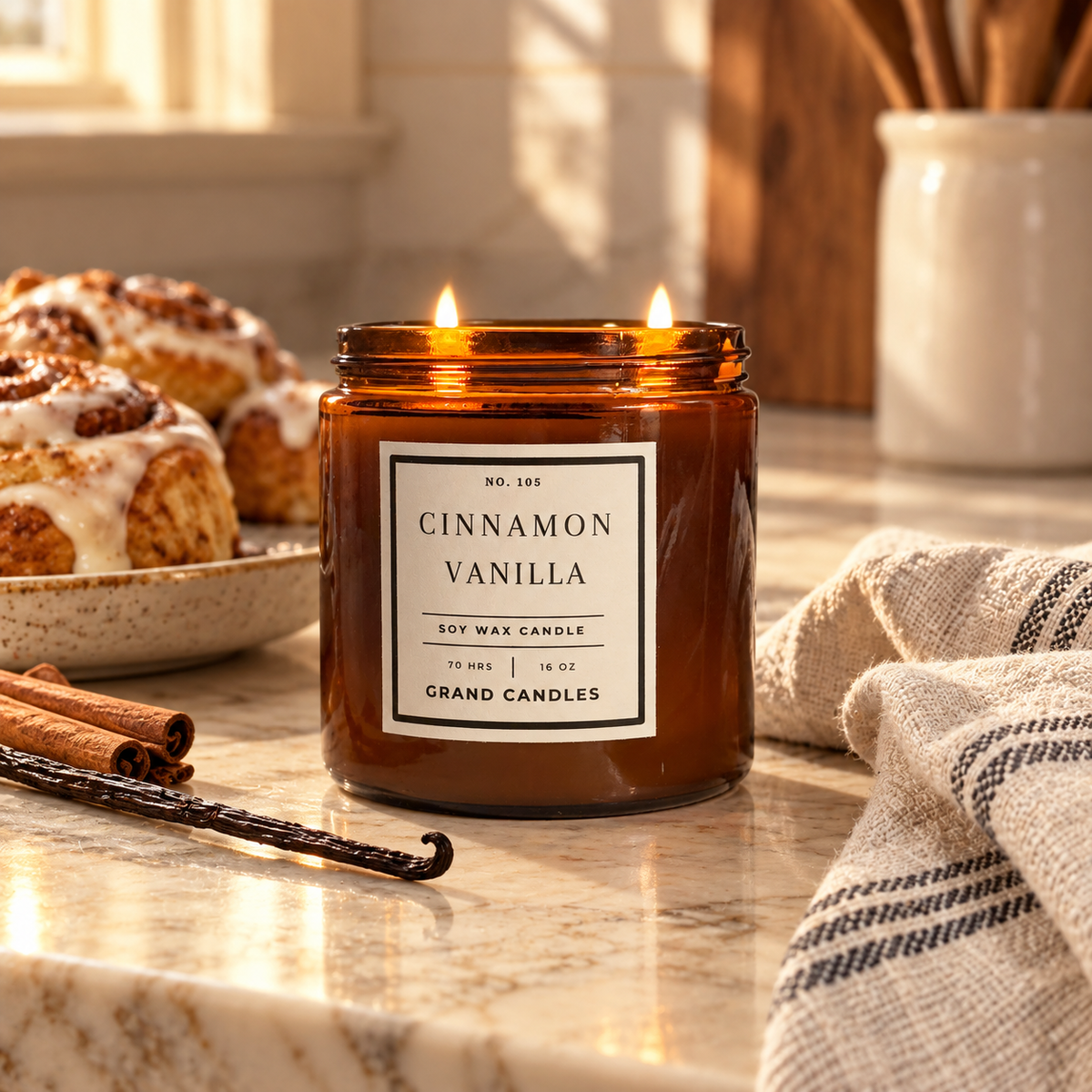 Cinnamon Vanilla Candle 16 oz amber candle in a warm home setting