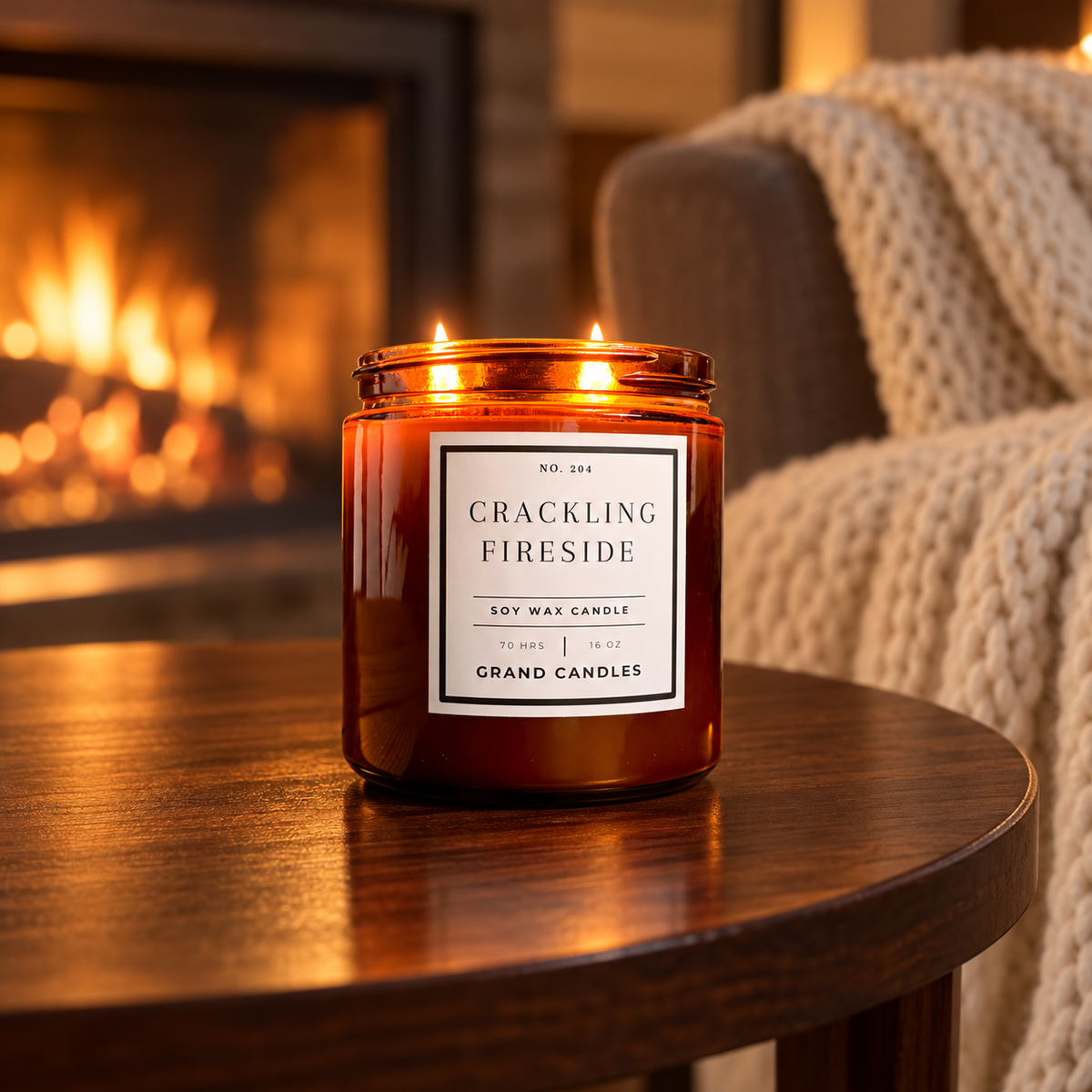 Grand Candles crackling fireside soy candle 16 oz amber candle in a winter home setting