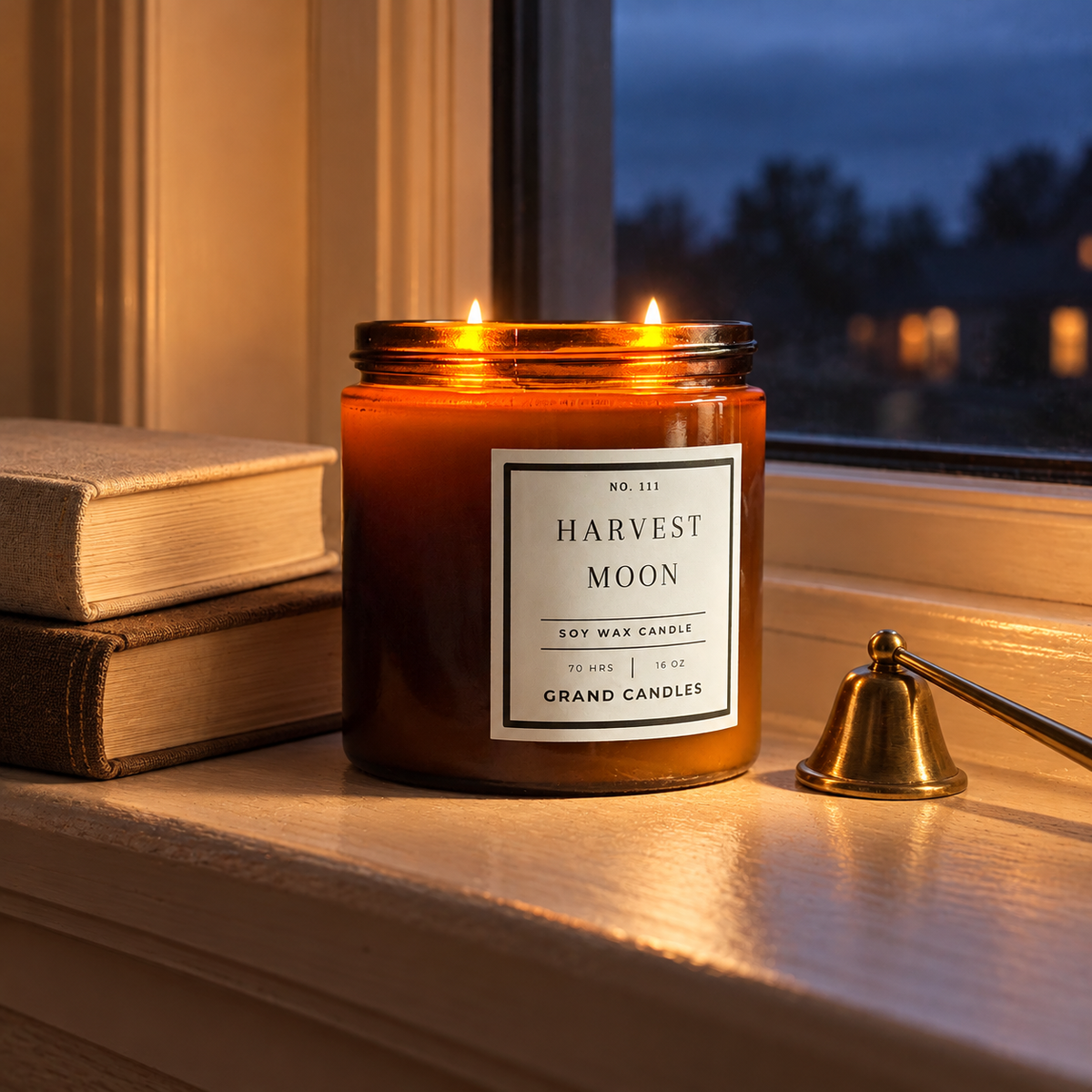 Harvest Moon Candle 16 oz amber candle in a warm home setting