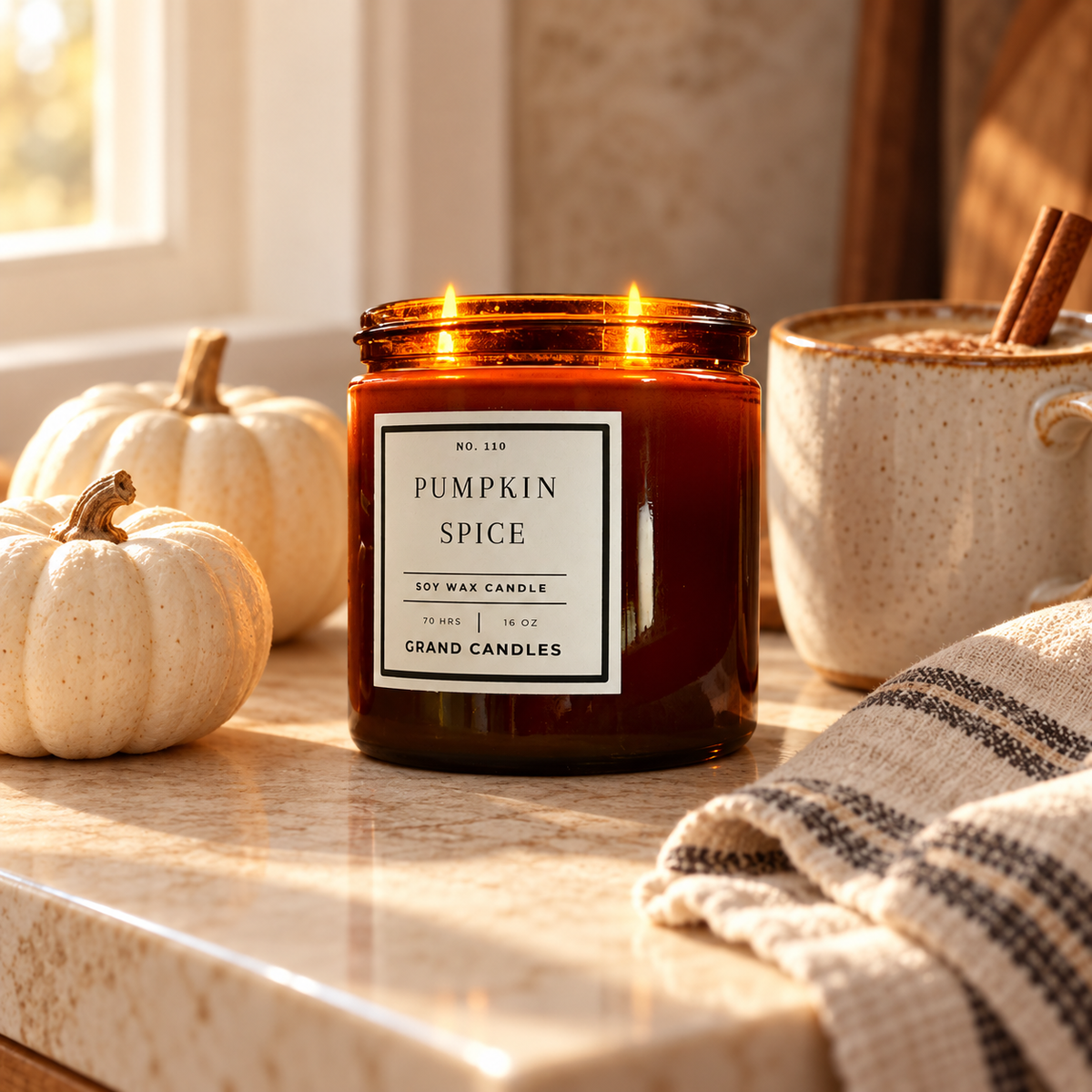 Pumpkin Spice Candle 16 oz amber candle in a warm home setting