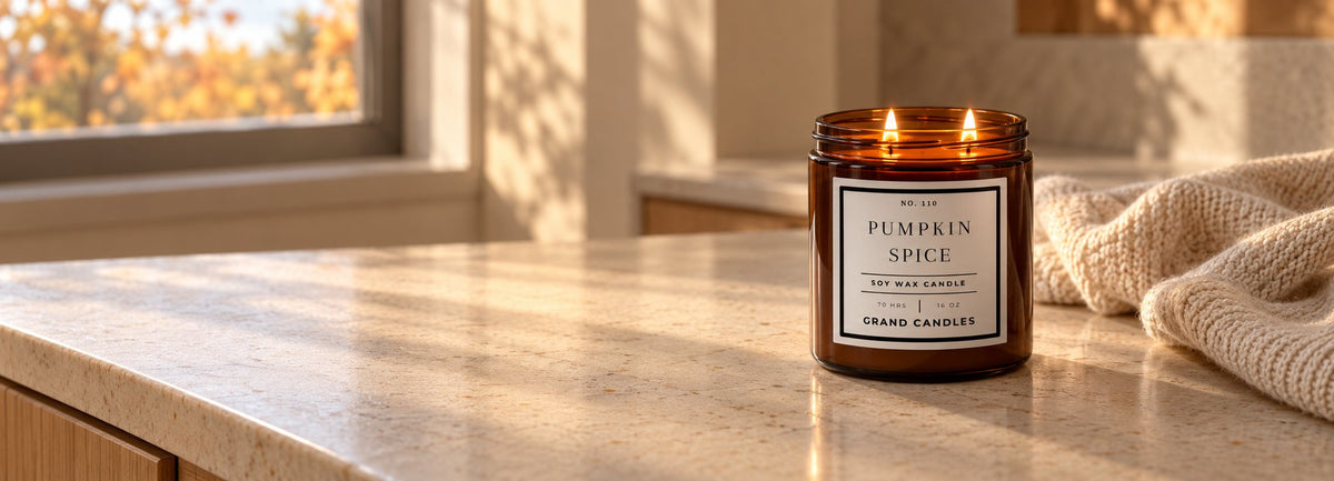 A lit Grand Candles soy candle in an amber glass jar on a sunlit counter