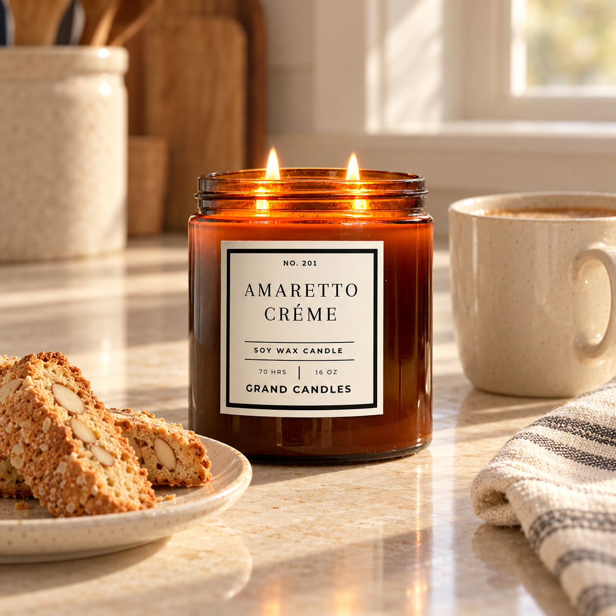 Grand Candles amaretto creme candle 1 16 oz amber candle in a winter home setting