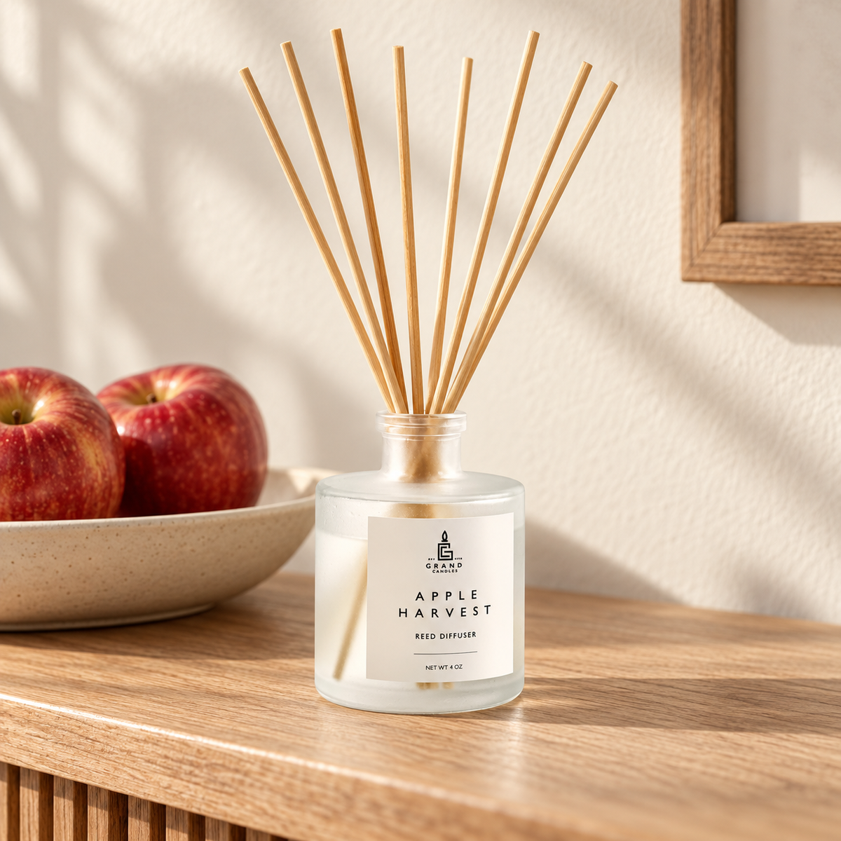 Grand Candles apple harvest reed diffuser console lifestyle photograph
