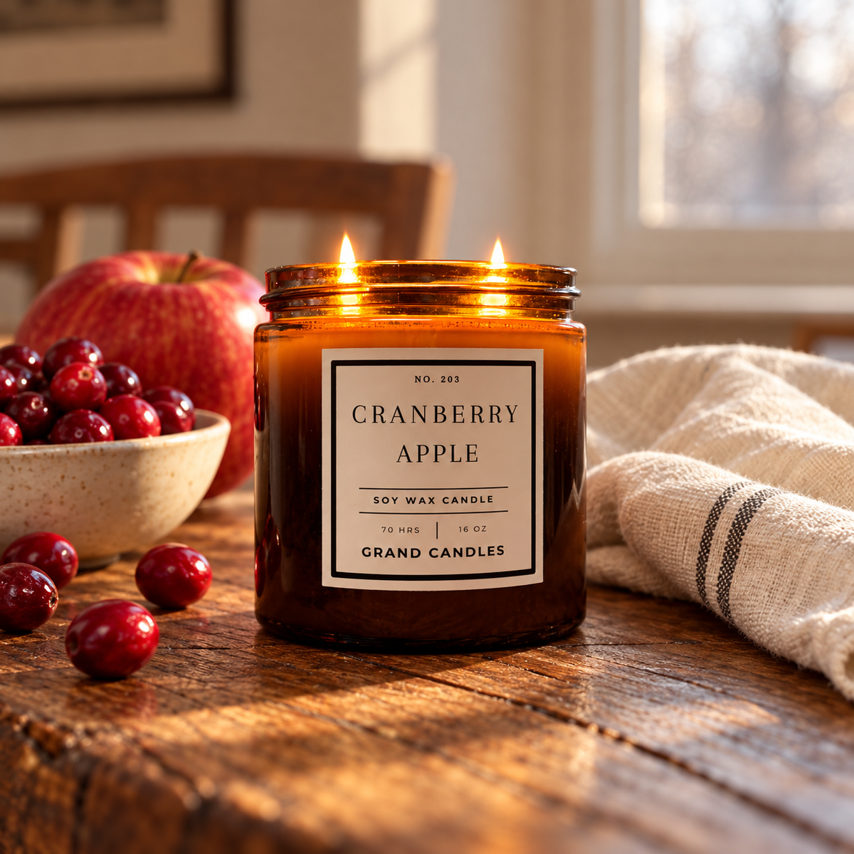 Grand Candles cranberry apple candle 16 oz amber candle in a winter home setting