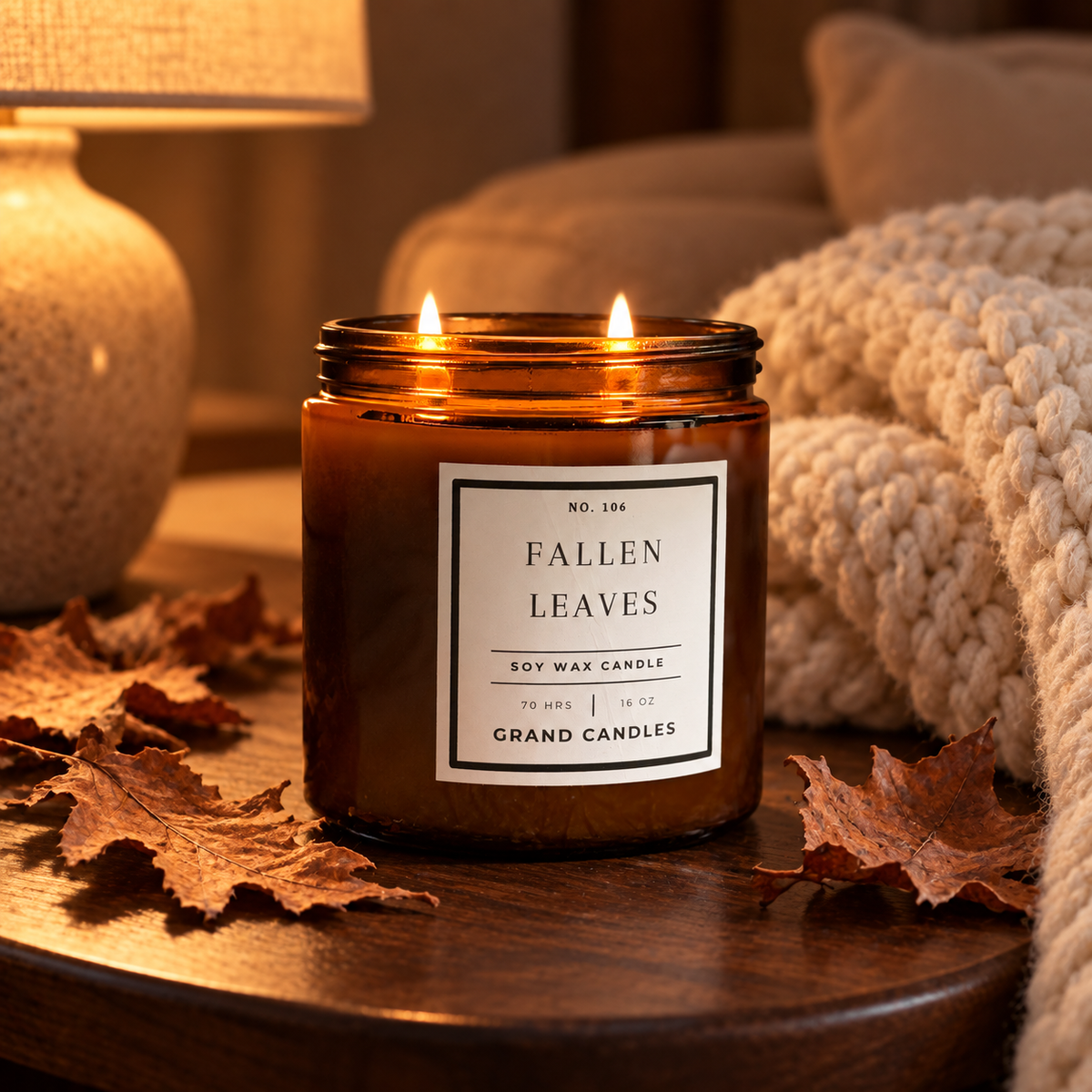 Fallen Leaves Candle 16 oz amber candle in a warm home setting