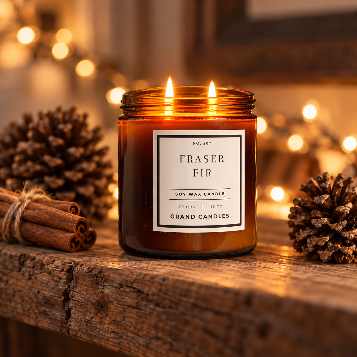Fraser Fir Candle 16 oz amber candle in a warm home setting