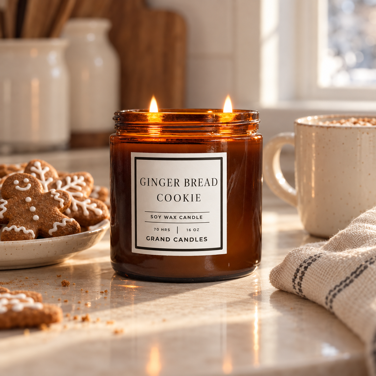 Ginger Bread Cookie 16 oz amber soy candle with two lit wicks