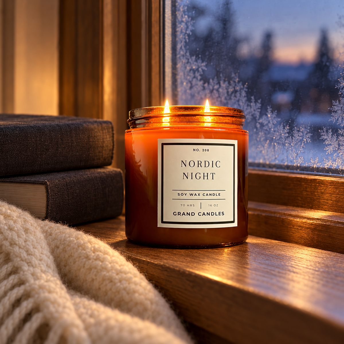 Grand Candles nordic night candle 16 oz amber candle in a winter home setting