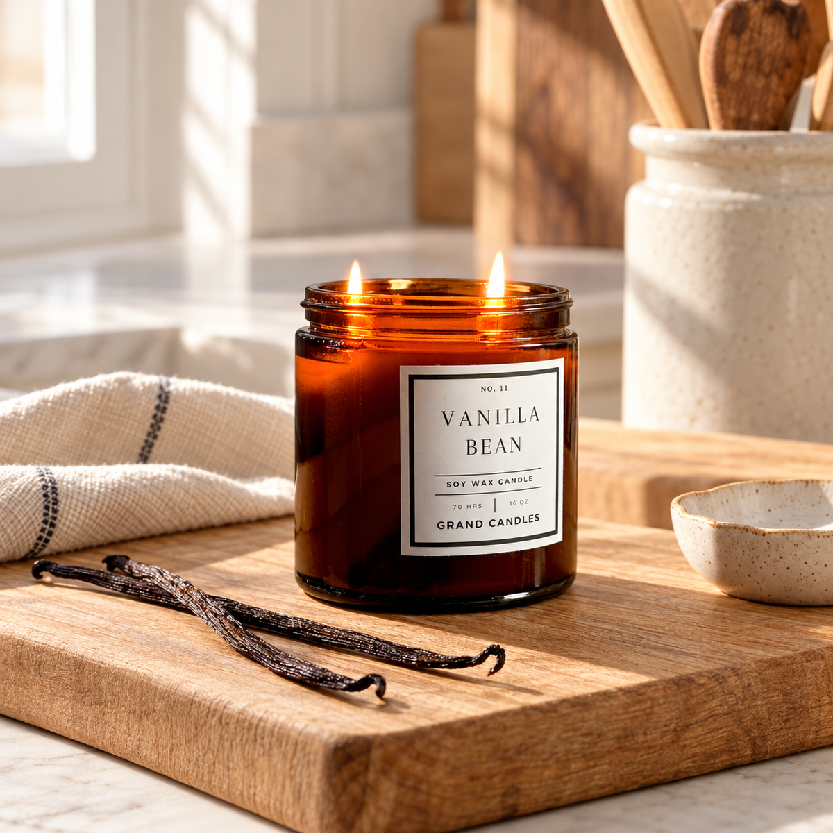 Vanilla Bean Soy Candle 16 oz amber candle in a warm home setting