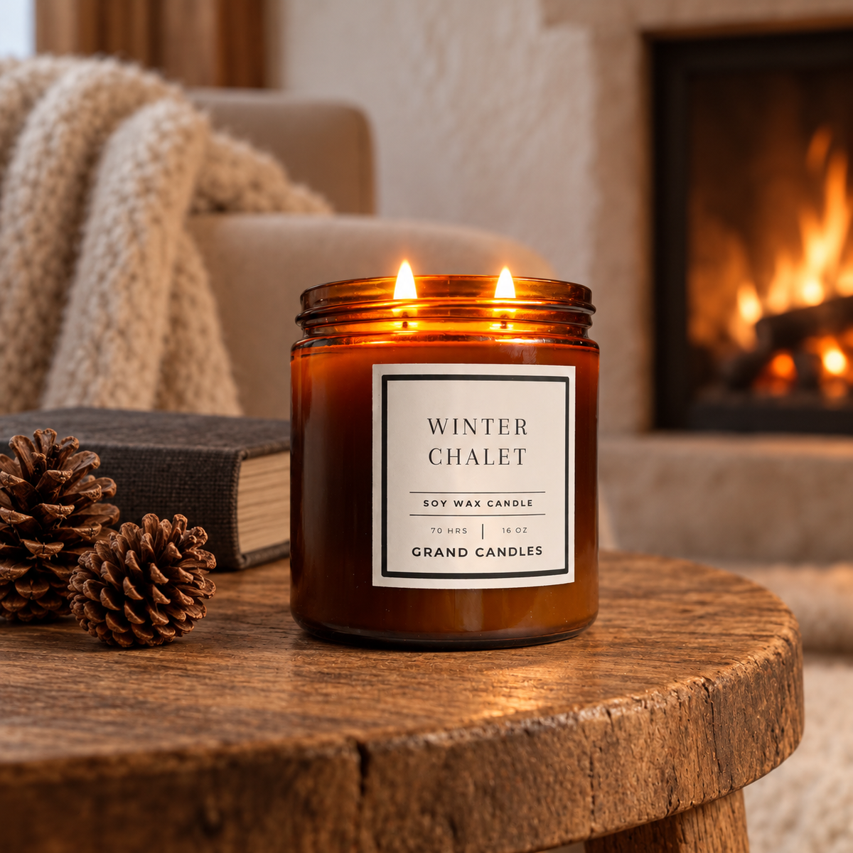Winter Chalet 16 oz amber soy candle with two lit wicks