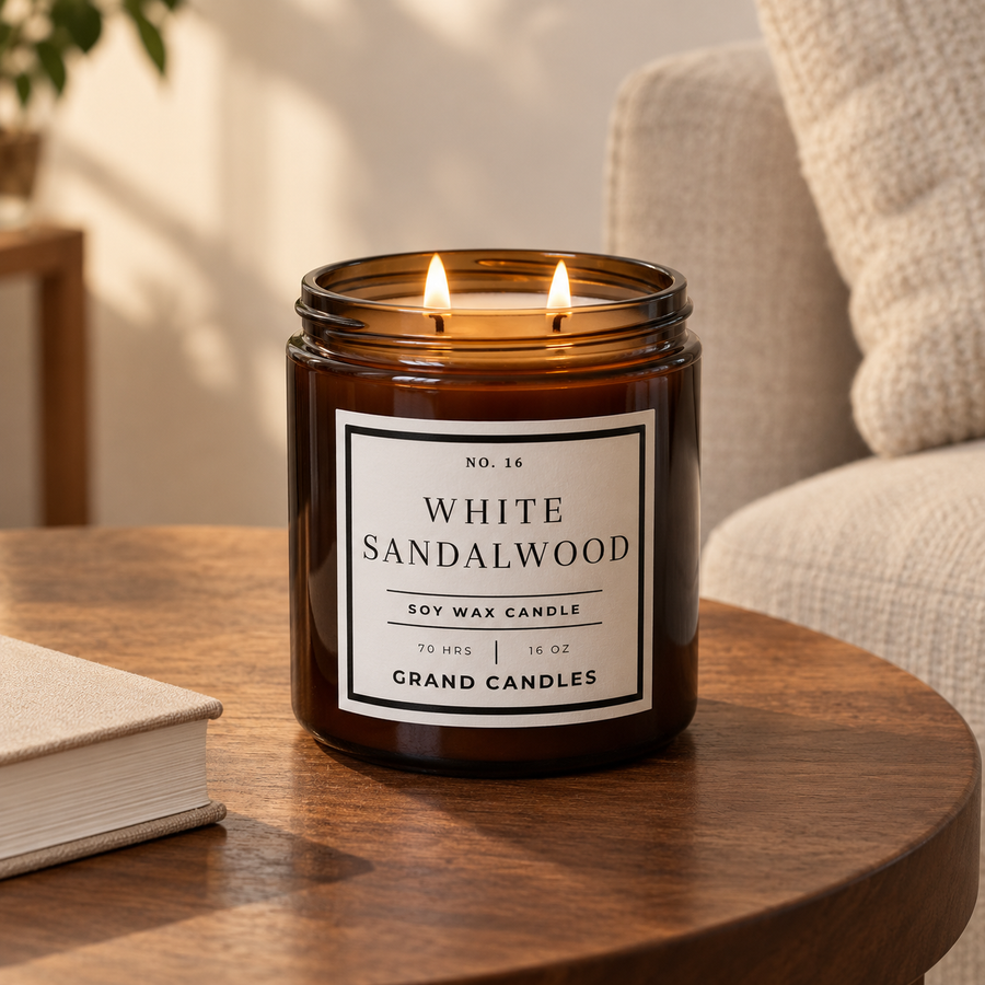 Signature Collection candle styled in a warm Grand Candles setting